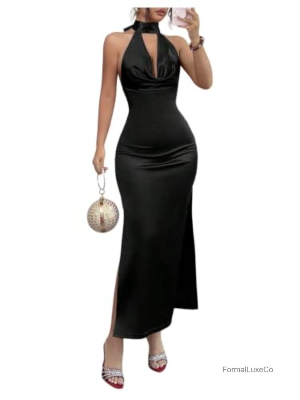 Satin Cowl Neck Halter Bodycon Long Dress Tie Backless Sleeveless